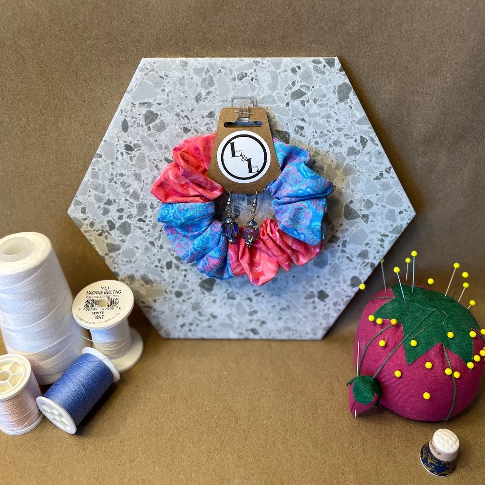 Pink and Blue Handmade Scrunchie with Matching Earrings